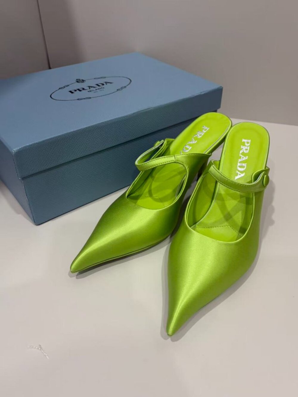 Prada Lime Green Satin Mule Heels